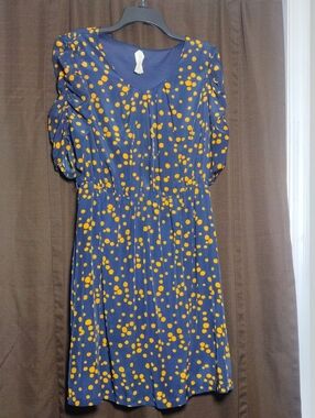 Kristin Miles Navy Dress with Orange Polka Dot Print